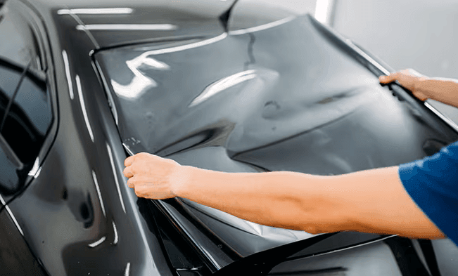Person applying black vinyl wrap to the hood of a car in a workshop.